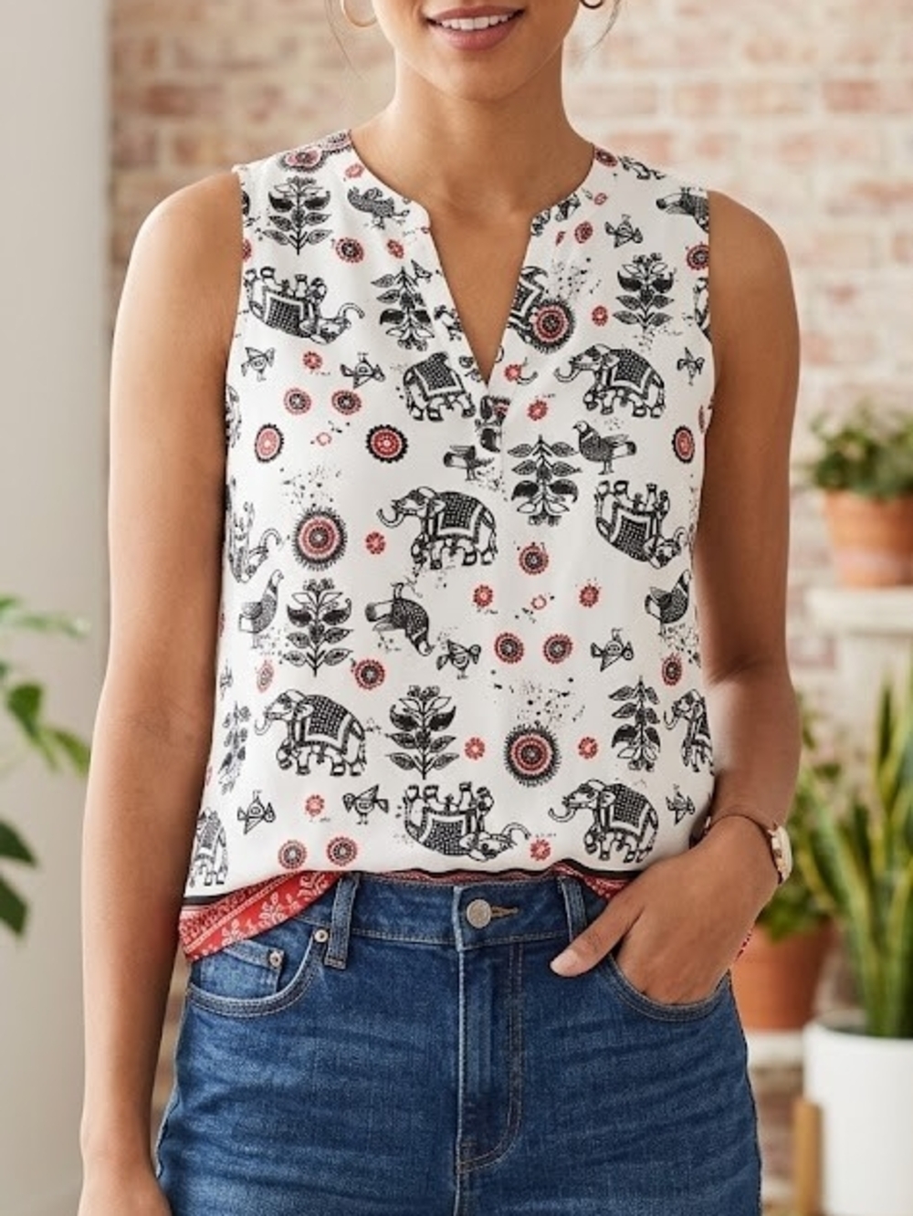 LOFT White Sleeveless Notch-Neck Camisole with Black & Red Elephant Motif Print - Picture 1 of 5